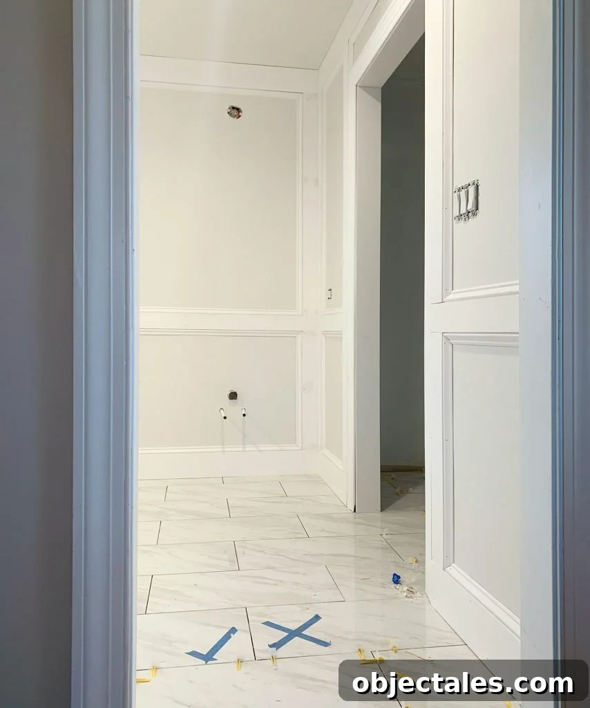 Unpainted DIY Decorative Wall Molding In Bathroom