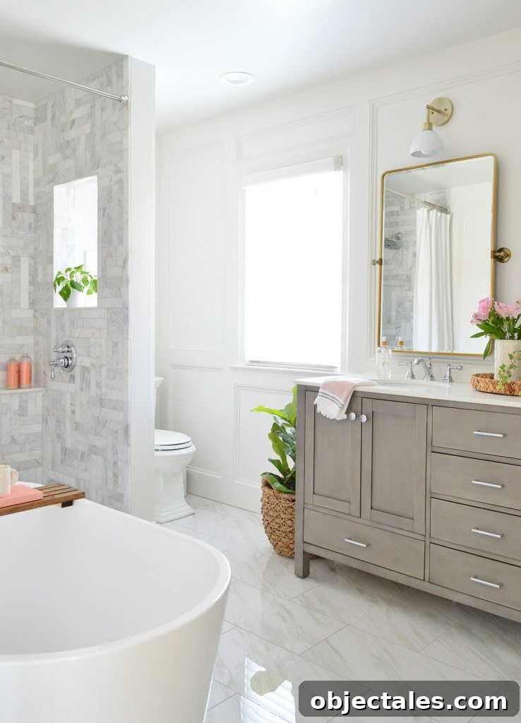 Bathroom Makeover Before and After Photos and Total Cost 7 Contemporary Marble Bathroom With Walk In Shower Gray Vanity And Plants