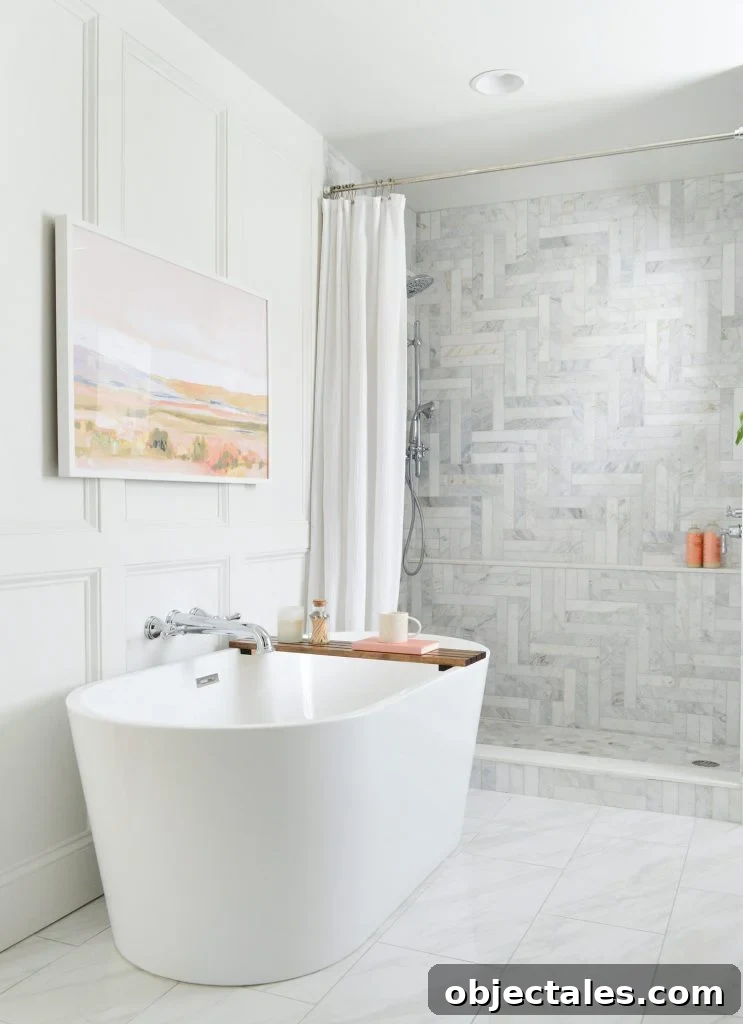 Bathroom Makeover Before and After Photos and Total Cost 10 Freestanding Tub In Modern Marble Bathroom With Traditional Wall Molding Treatment