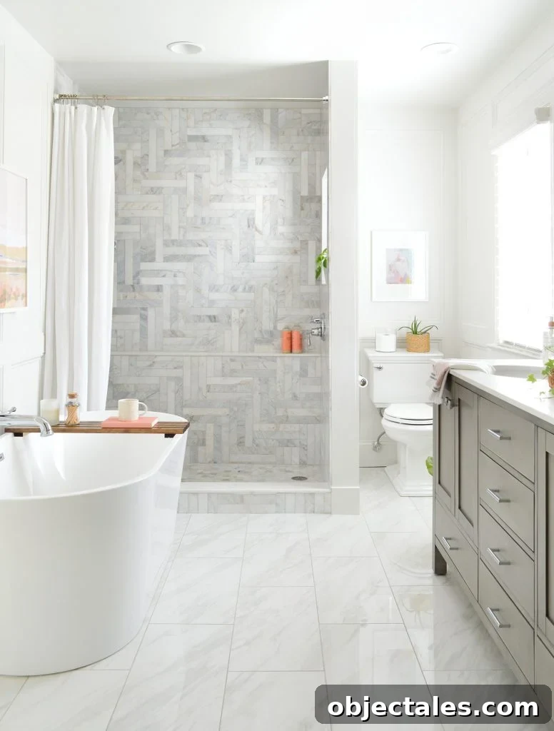 Bathroom Makeover Before and After Photos and Total Cost 8 After Photo Of Bathroom With Large Walk-In Herringbone Marble Tile Shower And Freestanding Tub