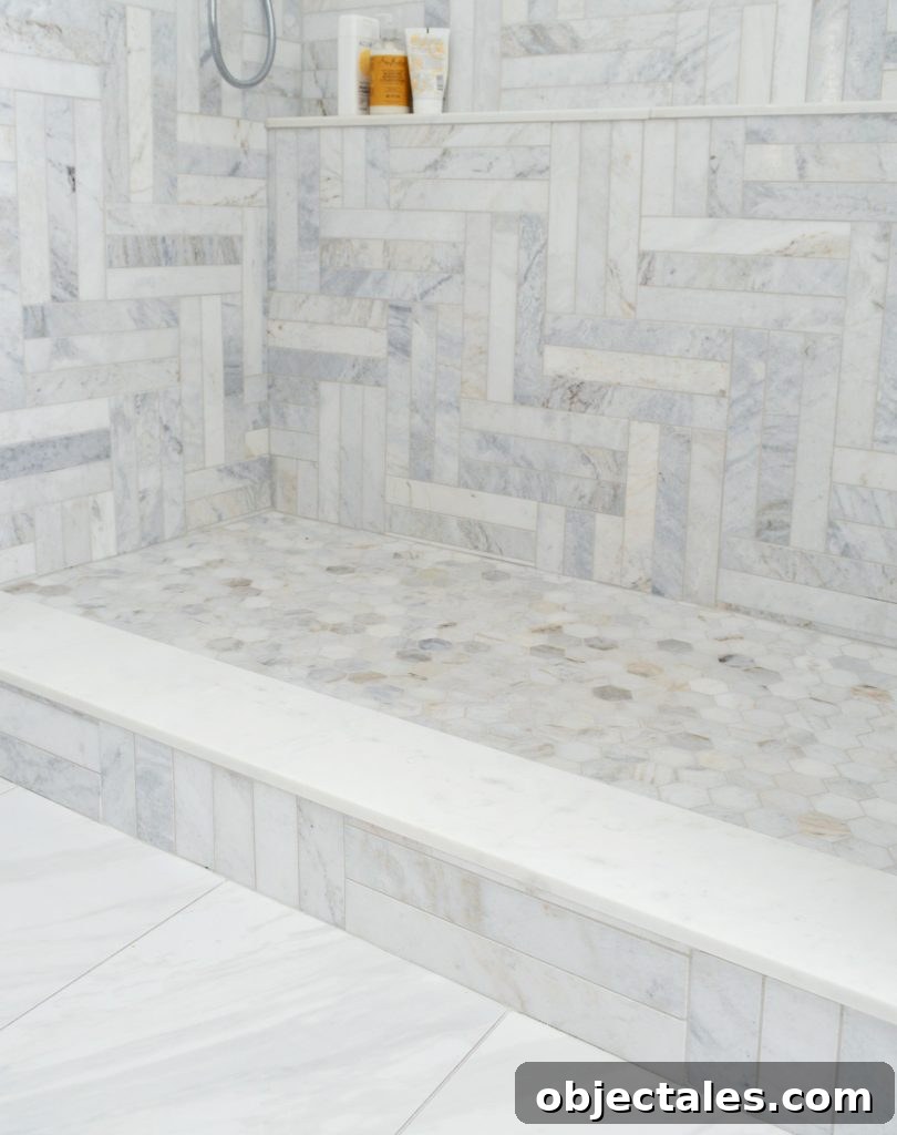 Bathroom Makeover Before and After Photos and Total Cost 9 Marble Herringbone Modern Pattern In Walk In Shower With Hex Tile Floor
