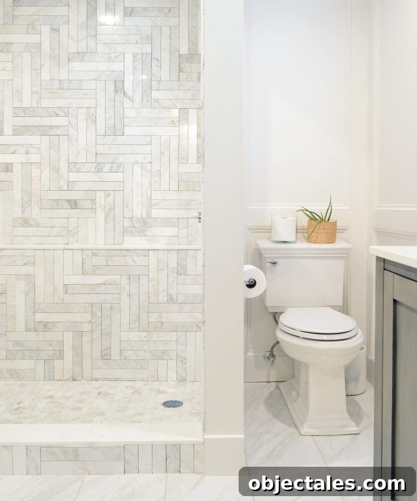 Master bathroom with ungrouted marble shower