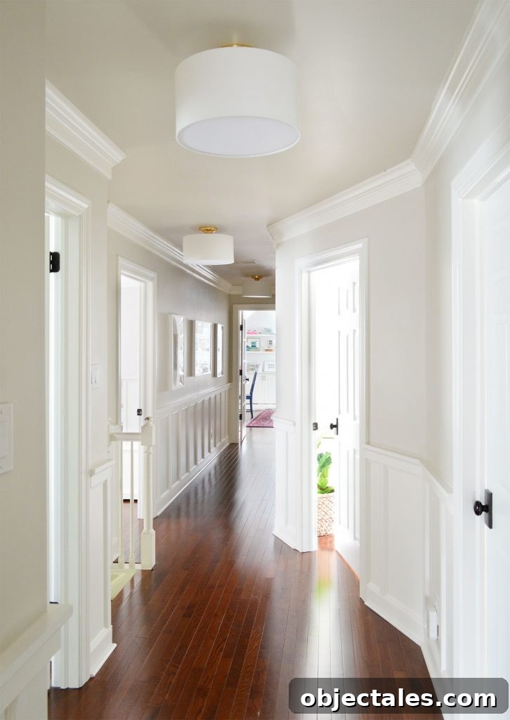 Upstairs hallway with board and batten wainscot molding