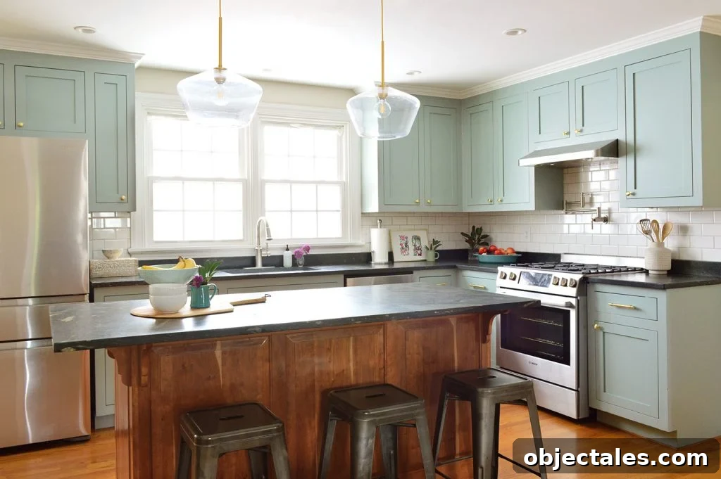 Halcyon Green Blue Kitchen Cabinet Makeover With Gold Hardware