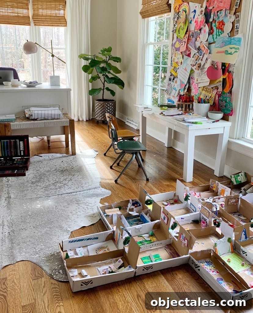 Large Cardboard Creation On Ground Next To Small Art Desk Space In Adult Home Office