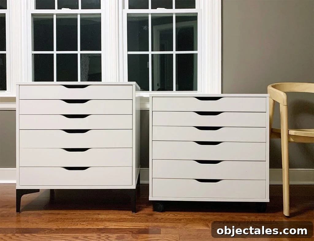 Ikea ALEX Drawer Units Side By Side With One Resting On Modern Black Legs