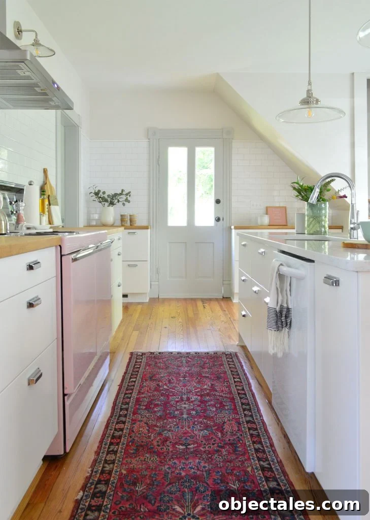Vintage runner on kitchen floor