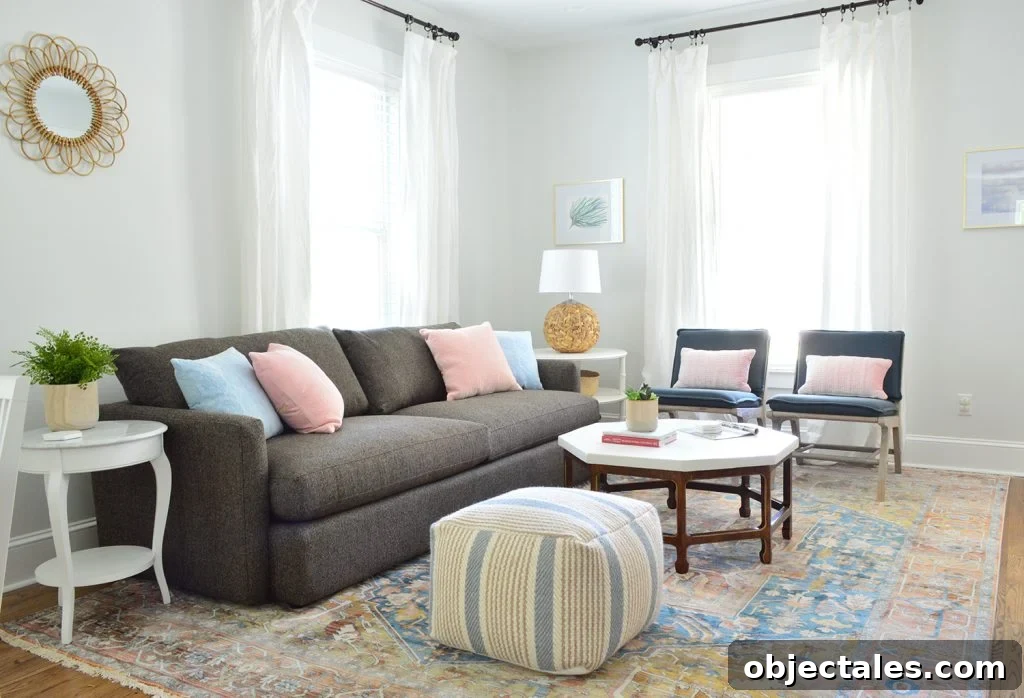 Living room with neutral traditional rug