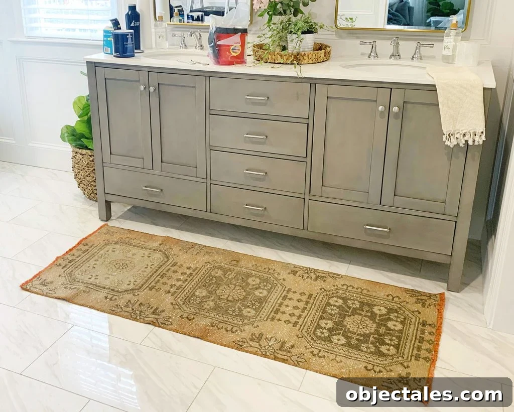 Unpacked runner on bathroom floor