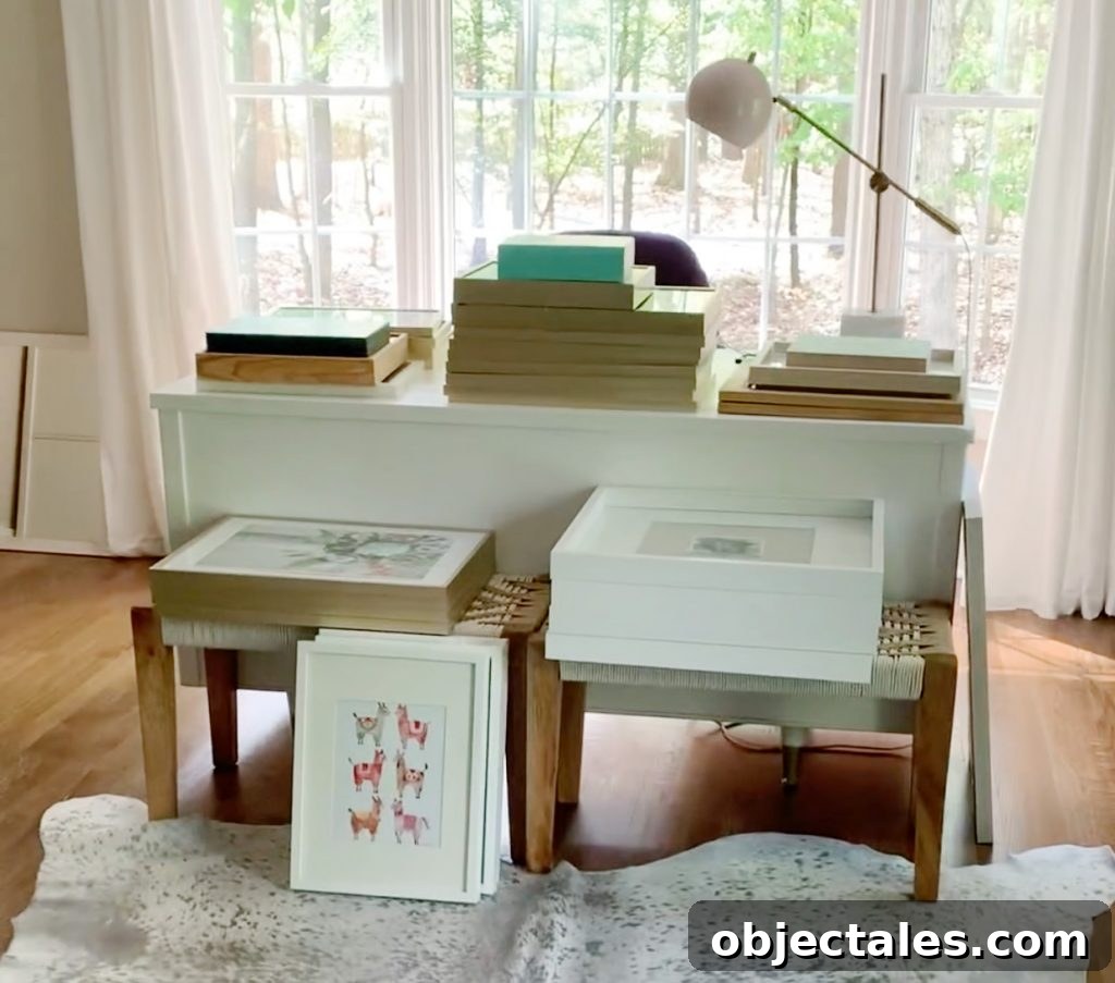 Stack of framed photos being evaluated