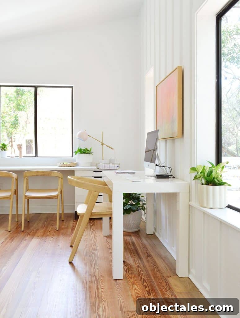 Two Desks In Beachy Living Room With Office Space