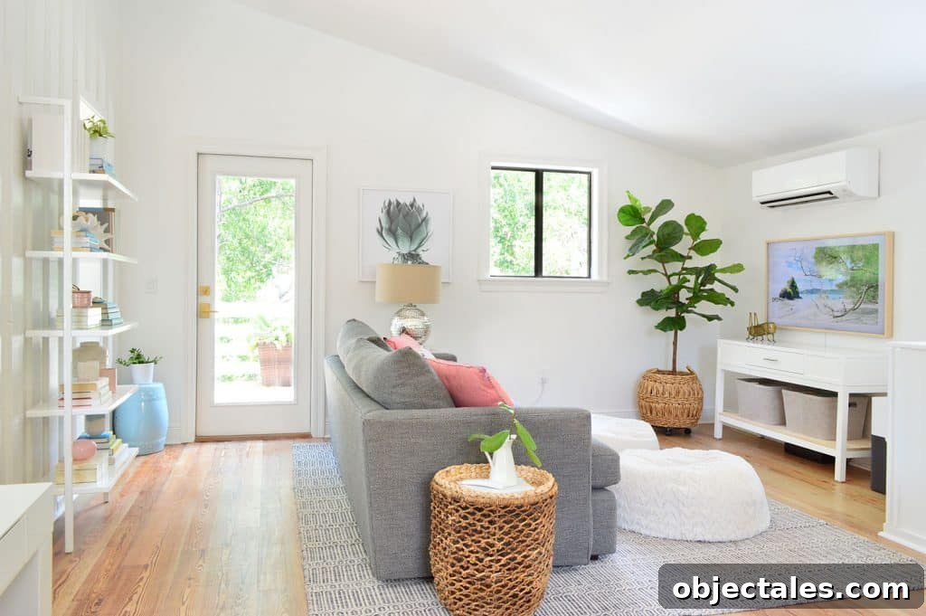 Upstairs Family Room: One-Month Update 3 Beachy Living Room With TV Viewing Area