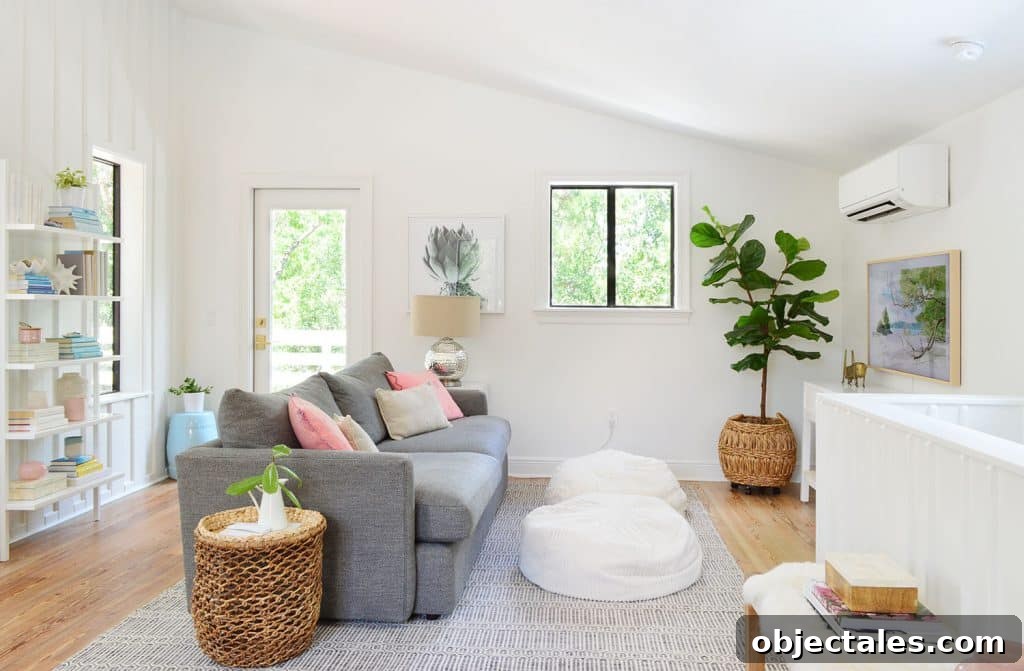 Upstairs Family Room: One-Month Update 6 Beach Living Room With Gray Sofa And Faux Fig Tree