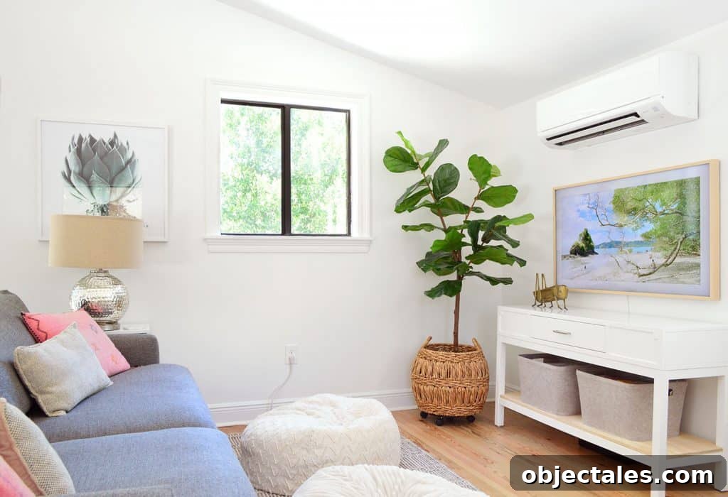 Upstairs Family Room: One-Month Update 7 Beachy Living Room With Frame TV And Mini Split
