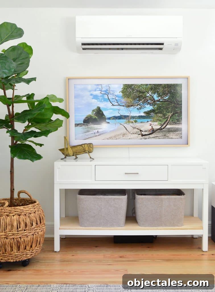 Episode 179: The Unexpected Perk of Buying Fewer Products 3 Samsung Frame TV Under Mini Split With Faux Fig Tree