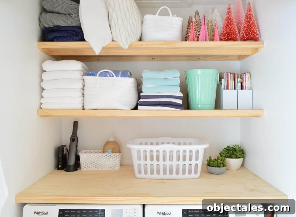 Light wood laundry shelves made from plywood organized with laundry storage