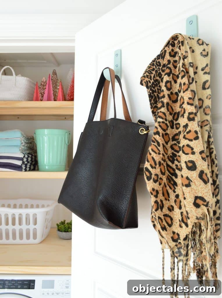 Laundry closet door with large colorful hooks with DIY laundry shelves in background