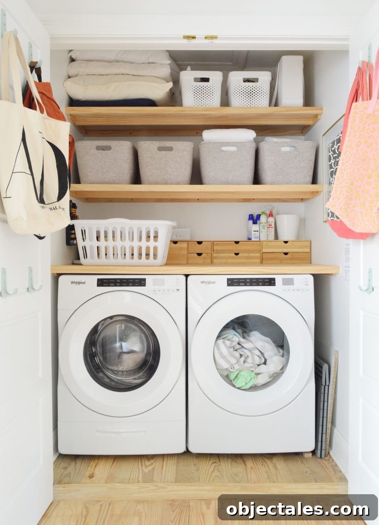 Laundry Closet With Blonde Wood DIY Storage Shelving