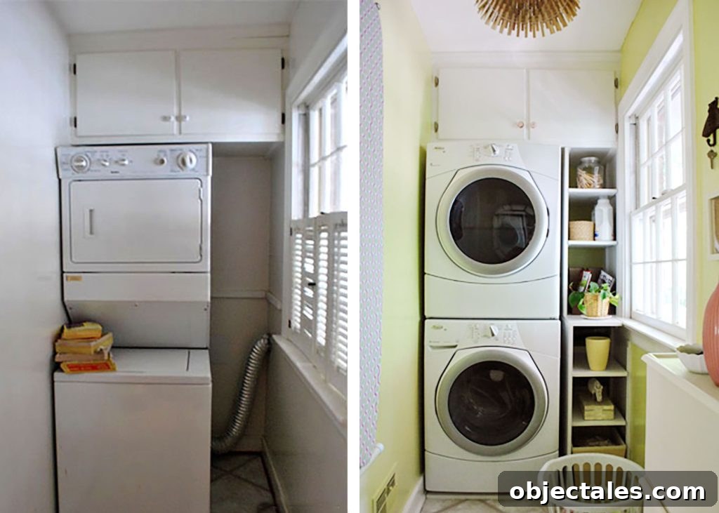 Before and after of laundry makeover with narrow shelves built into niche