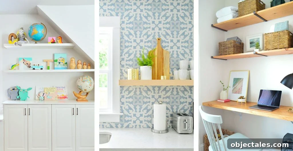 Three DIY floating shelf ideas in playroom ktichen and office