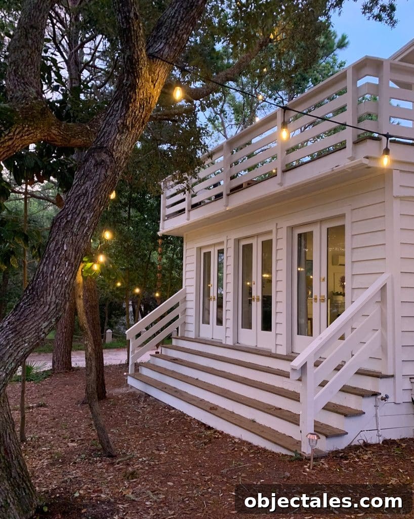 Stairs from bedroom down to yard at dusk
