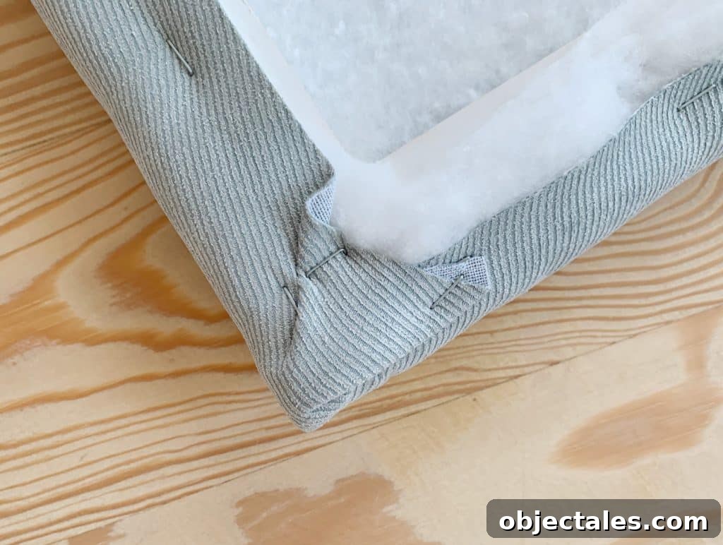 Detail of fabric stapled around corner of DIY headboard for boys bedroom