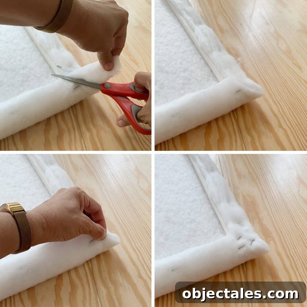 Step-by-step details of stapling and folding corner of fabric batting for DIY headboard project