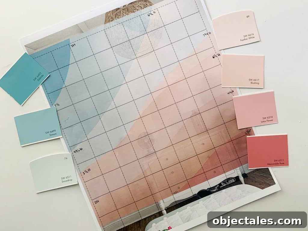 Mural mock up design on paper with grid guidelines and color swatches
