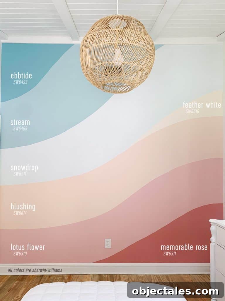 Abstract wall mural on wall with paint colors labeled