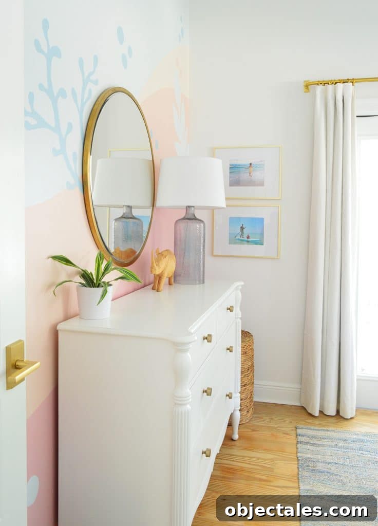 Side view of beachy mural on daughters tall bedroom wall