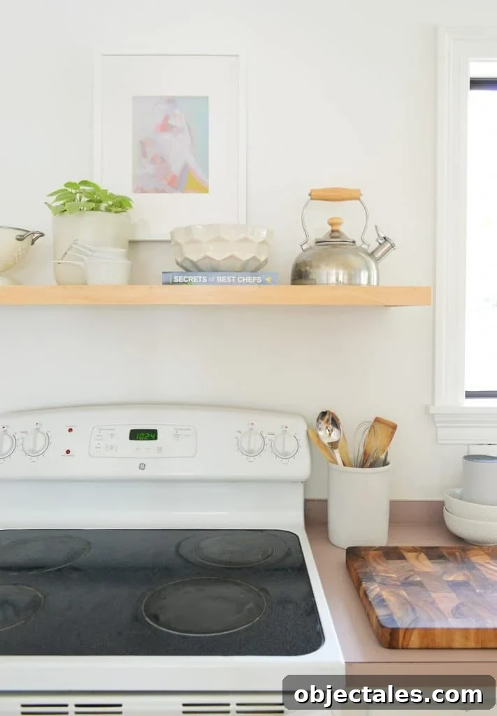 5 Quick Kitchen Upgrades That Transform Your Space 2 Simple Floating Shelf Constructed Over Old White Stove In Minimal Kitchen