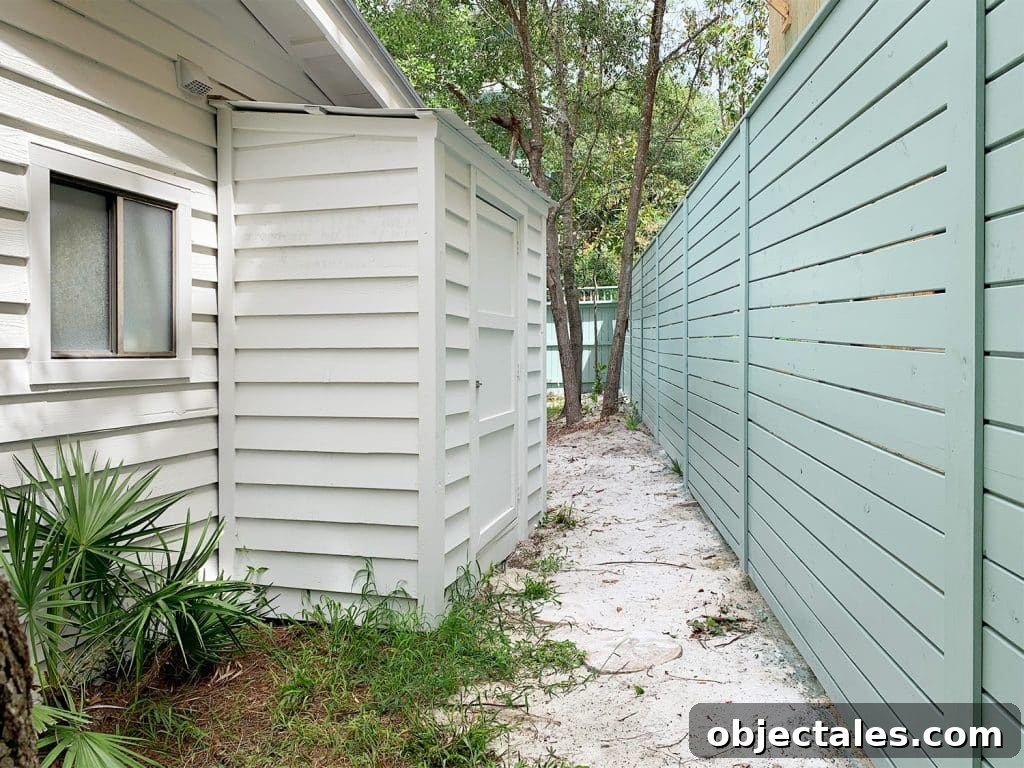 New green fence and exterior shed