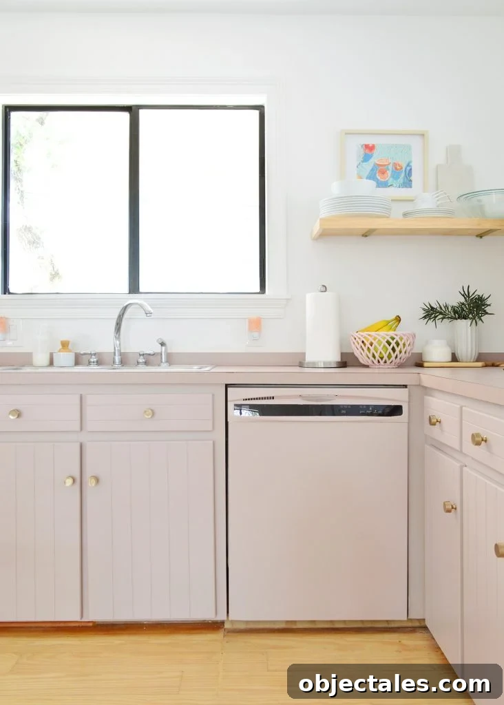 Before and After: Pink Kitchen Cabinets Makeover 18 Dishwasher painted mauve to match kitchen cabinets | Sherwin Williams Artsy Pink