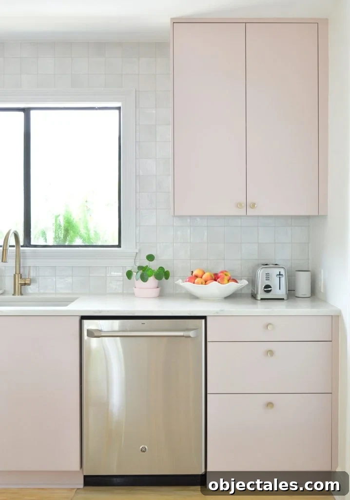 Before and After: Pink Kitchen Cabinets Makeover 20 Upper Cabinet In Painted Ikea Kitchen With Gray Backsplash