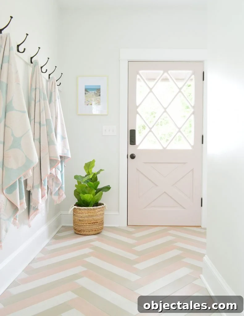 Before and After: Pink Kitchen Cabinets Makeover 9 Pink Diamond Door In Mudroom With Herringbone Pink Tile Floor