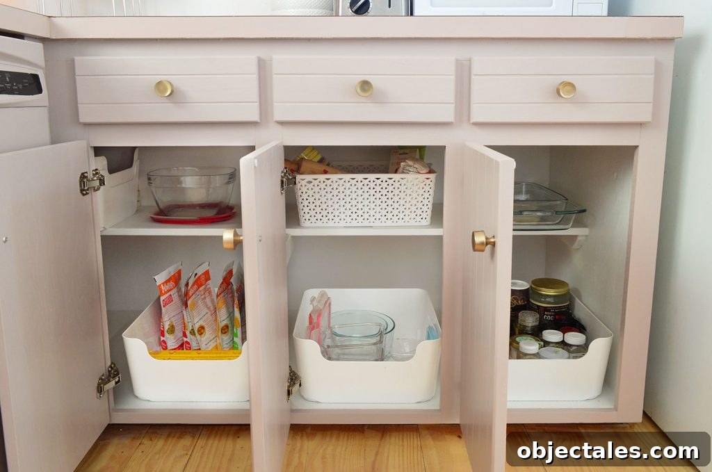 Hidden Hinges On Three Lower Cabinets With Bin Organization