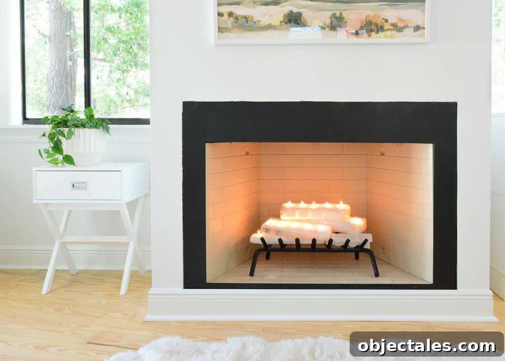 Straight shot of fireplace with crystal logs lit