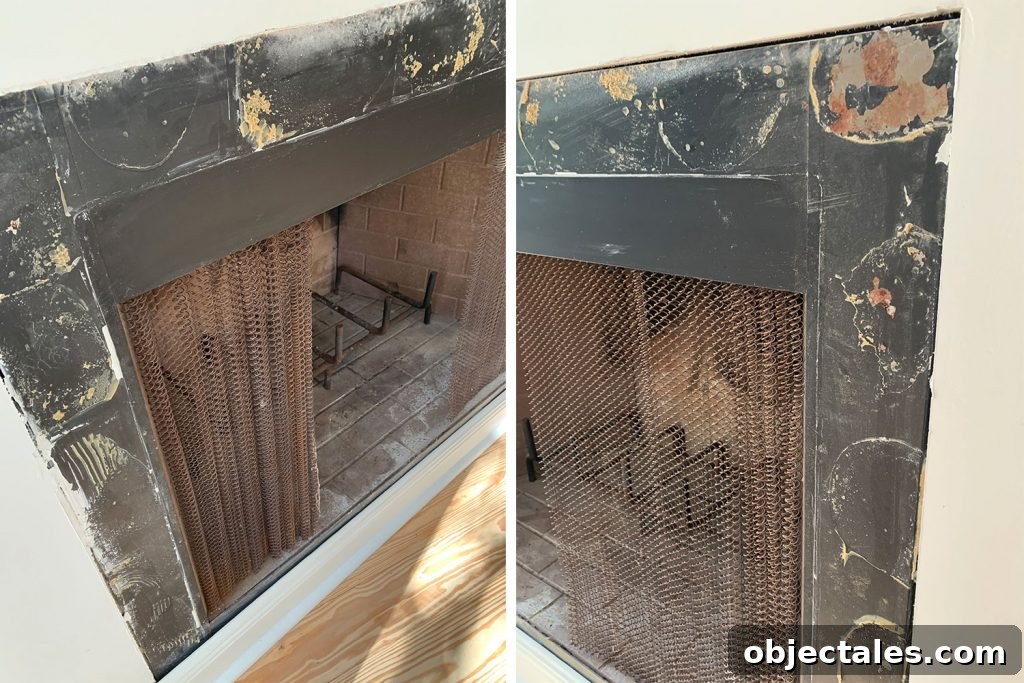 Close-up of scuffed fireplace surround covered in old glue