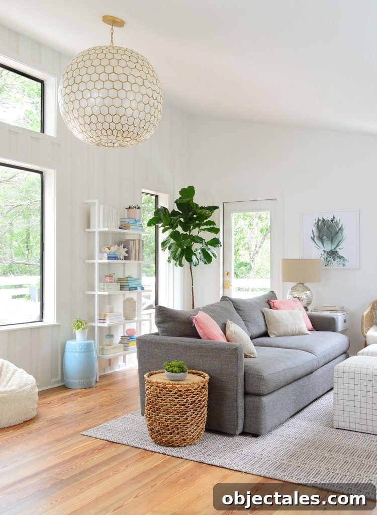 Tall View Of Upstairs Family Room With Large Capiz Globe Light