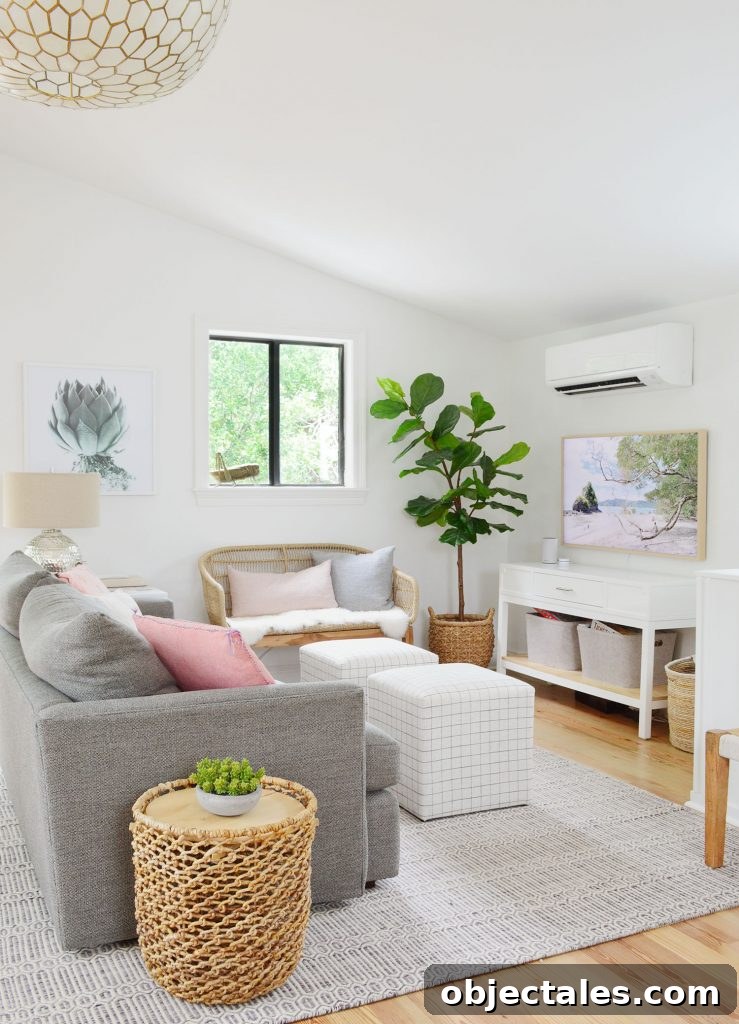 TV Area With Couch Striped Ottomans And Woven Bench