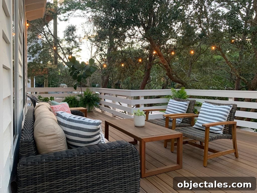 Dusk View Of Outdoor Deck Surrounded By Trees