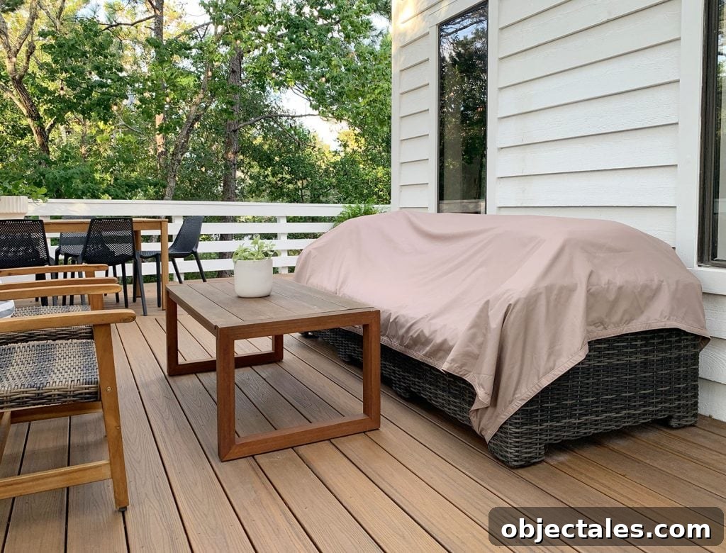 Low-Maintenance Outdoor Furniture Ideas to Refresh Your Deck 6 Sun Shade Used As Waterproof Cover Over Outdoor Sofa