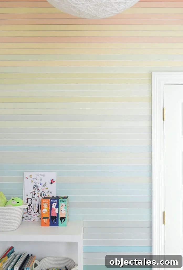 How to Create a Colorful Wood Accent Wall 2 Straight On View Of Striped Wall Treatment Going From Orange At Top To Blue At Bottom