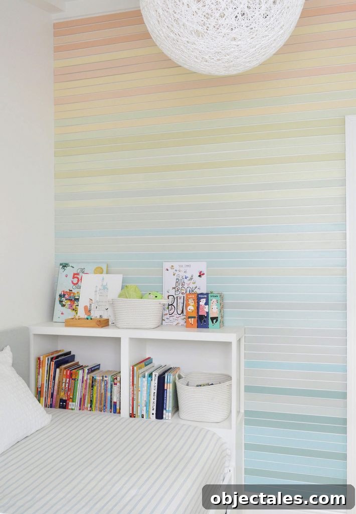 How to Create a Colorful Wood Accent Wall 19 Full View From Ceiling To Floor Of Rainbow Gradient Striped Wall Treatment In Boys Room