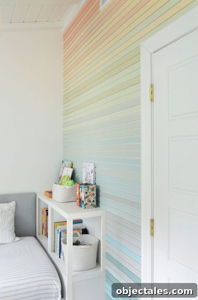 How to Create a Colorful Wood Accent Wall 20 Angled View Of Rainbow Gradient Wood Panel Treatment Going From Orange To Blue