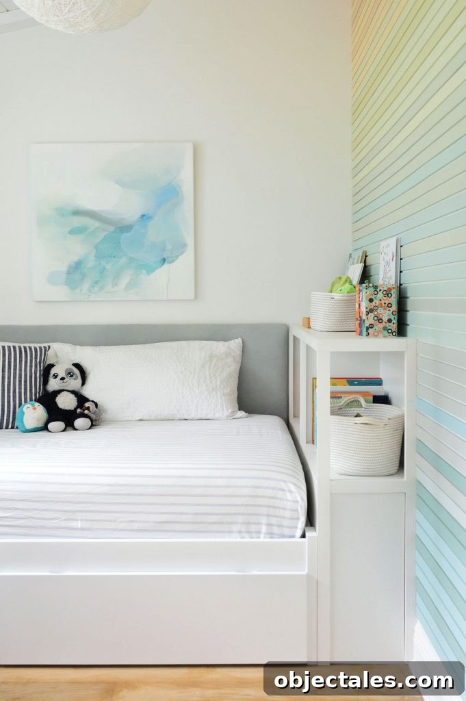 How to Create a Colorful Wood Accent Wall 4 Boys Twin Bed With Fabric Headboard Bookcase And Rainbow Gradient Wall Treatment