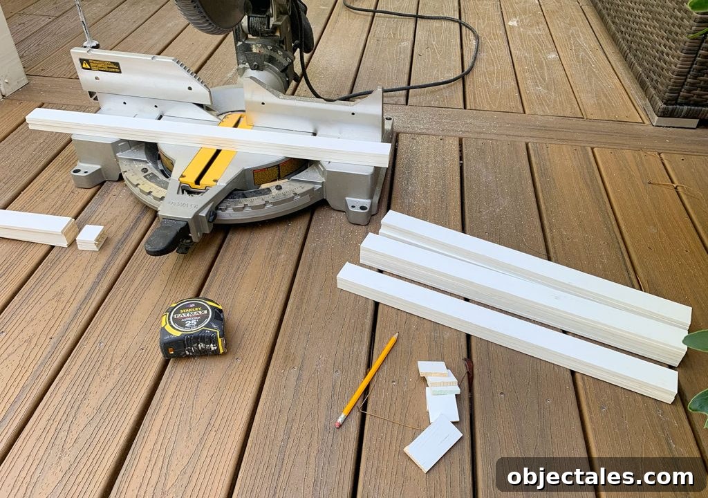How to Create a Colorful Wood Accent Wall 7 Miter Saw On Deck With Cut Pieces Of White Lattice