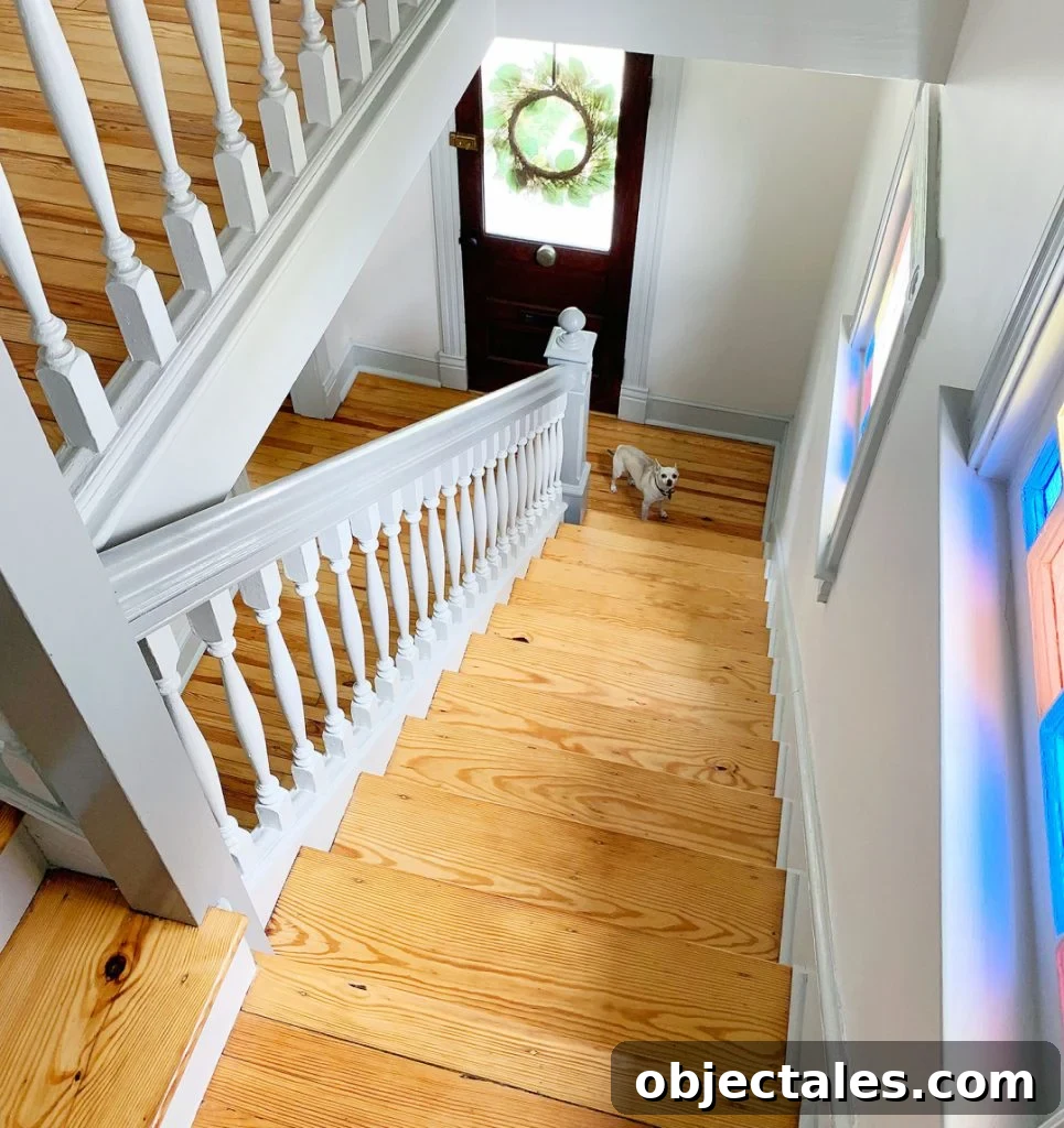 Overhead view of bare wood historic stairs in beach house