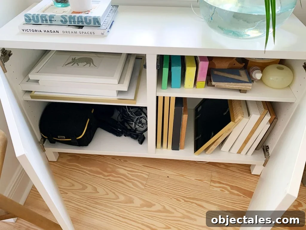 How to Build a Custom Media Cabinet with IKEA Besta 13 Besta Cabinet Door Opened With Picture Frames and Camera Equipment on Shelves