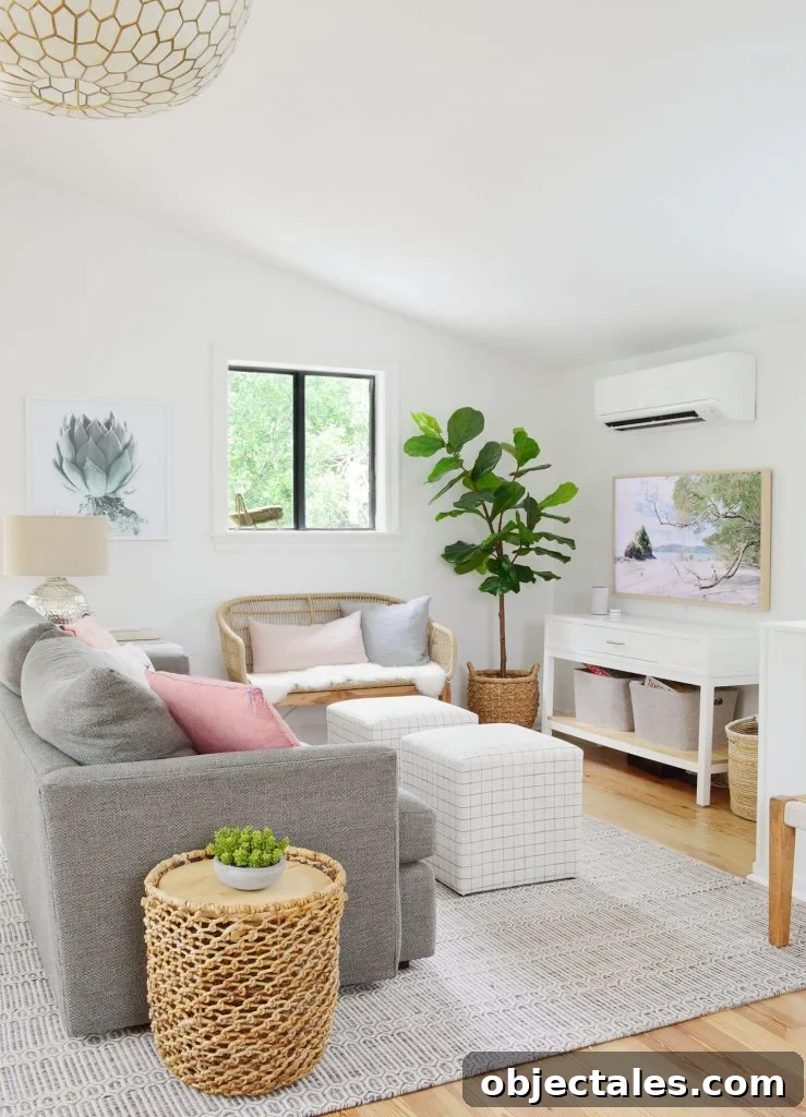 How to Build a Custom Media Cabinet with IKEA Besta 4 TV Area With Couch Striped Ottomans And Woven Bench